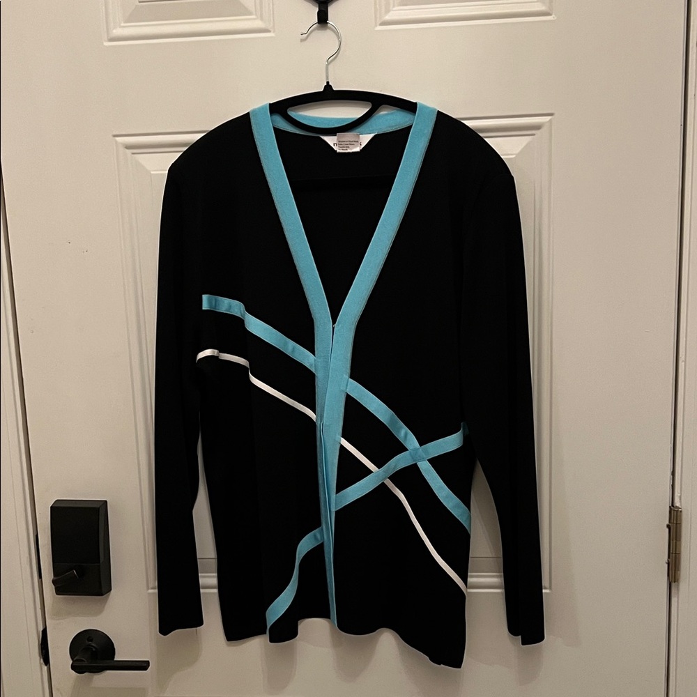 Misook Black Cardigan with Blue and White Stripes